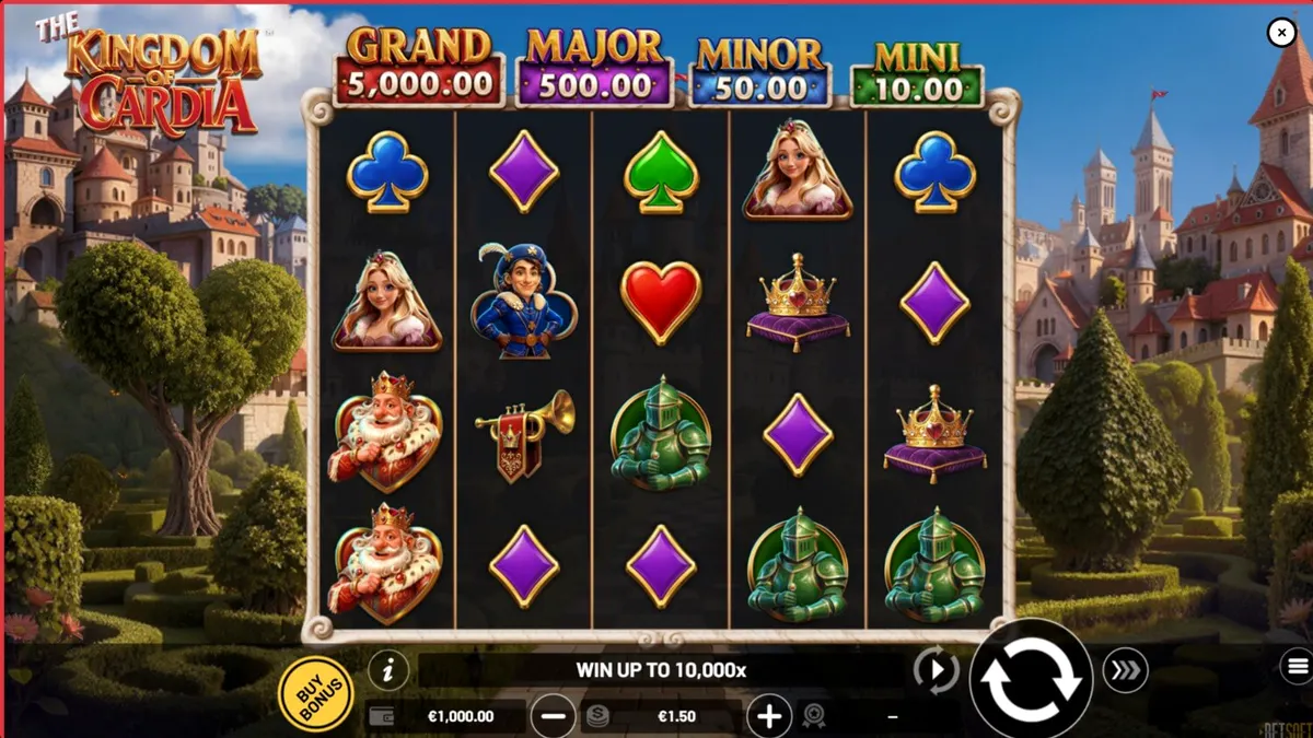 The Kingdom of Cardia slot game interface showing fantasy garden theme