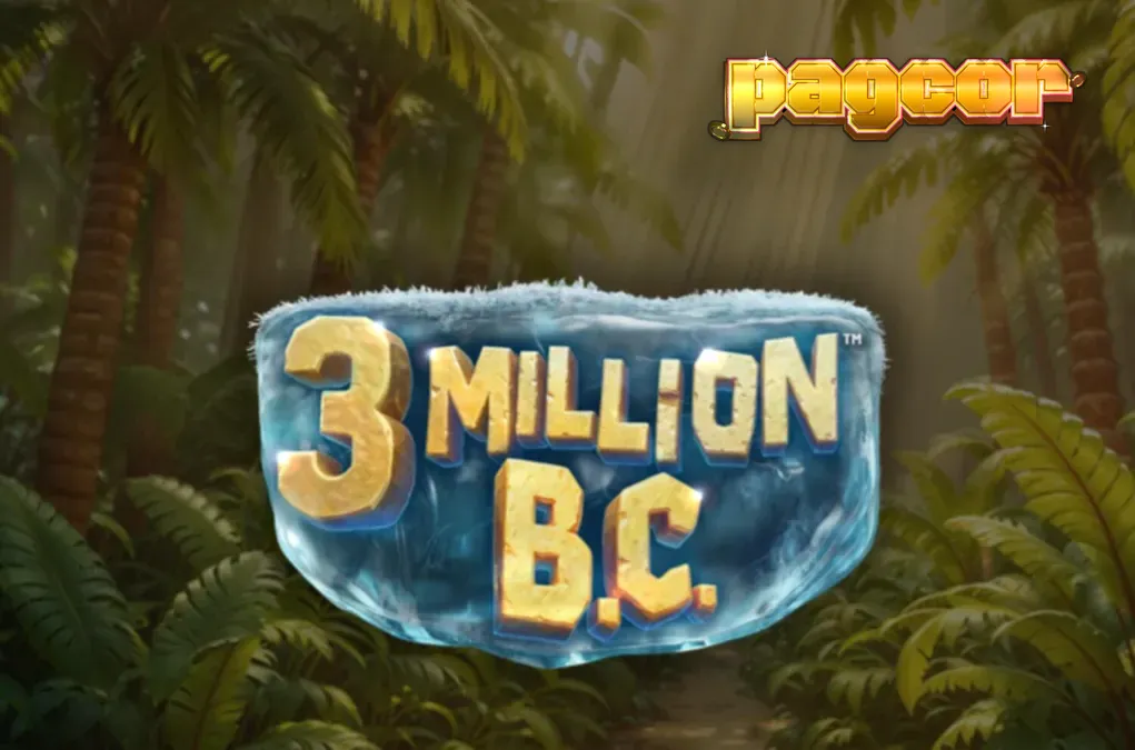 Isang makulay na prehistoric na eksena mula sa 3 Million B.C. slot na nagpapakita ng mga reel at ang Jackpot Wheel.